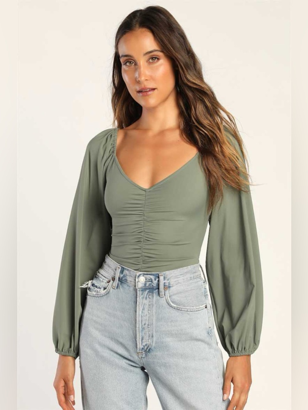 Lulus Certified Flirt Sage Green Ruched Long Sleeve Bodysuit - Picture 3 of 6